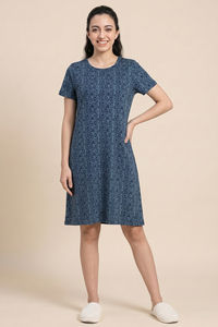 Zivame Knit Cotton Knee Length Nightdress - Blue Depths — thumbnail 1